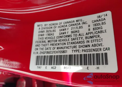 2014 Honda Civic Si from USA, damaged, VIN 2HGFB6E57EH705801